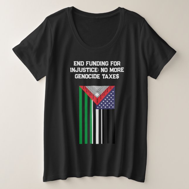 Camiseta Plus Size Bandeira Palestina-Americana - Parem com Genocídio (Frente do Design)