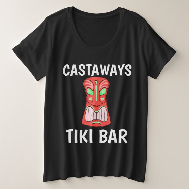 Camiseta Plus Size BAR TIKI CASTAWAYS T-Shirts Básicas Escuras (Frente do Design)