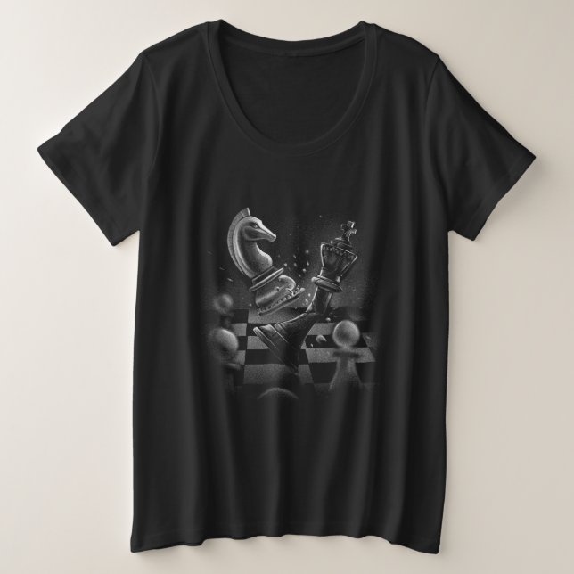Camiseta Plus Size Batalha Dramática do Xadrez - Cavaleiro vs Cavalo (Frente do Design)