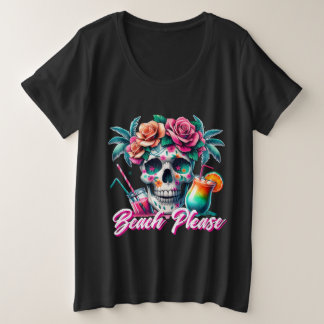 Camiseta Plus Size Beach Please Tropical Skull Plus Size T-Shirt