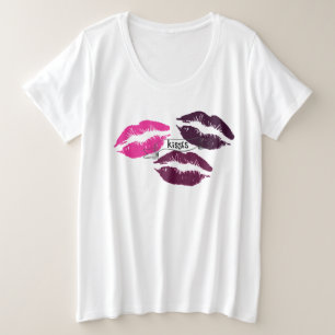 Camiseta Plus Size Beijos Rostos de Lábios Roxos Rosa Quente Gráfico