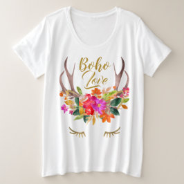 Camiseta Plus Size Belas pestanas florais Boho Love Rena Chifres