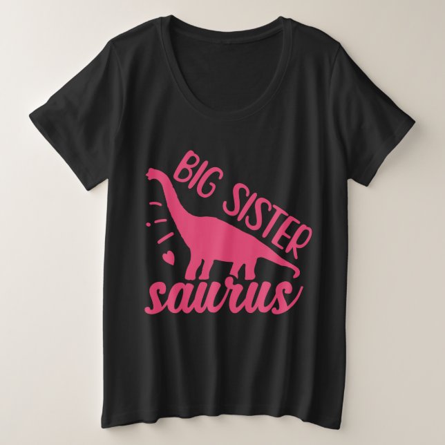 Camiseta Plus Size Big Sister Saurus a rosa (Frente do Design)