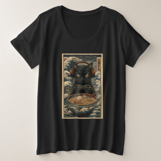 Camiseta Plus Size Black Cat Gamer with Ramen & Headphones Japanese A