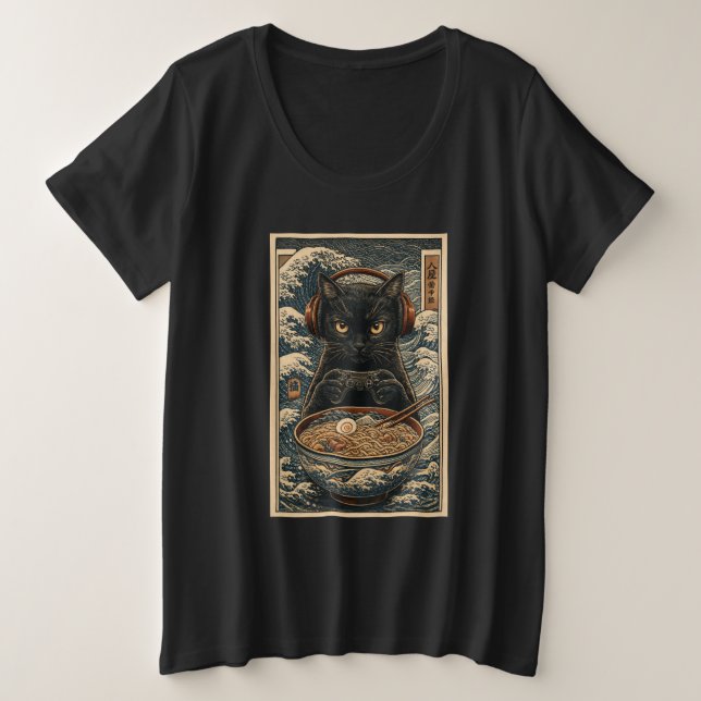 Camiseta Plus Size Black Cat Gamer with Ramen & Headphones Japanese A (Frente do Design)