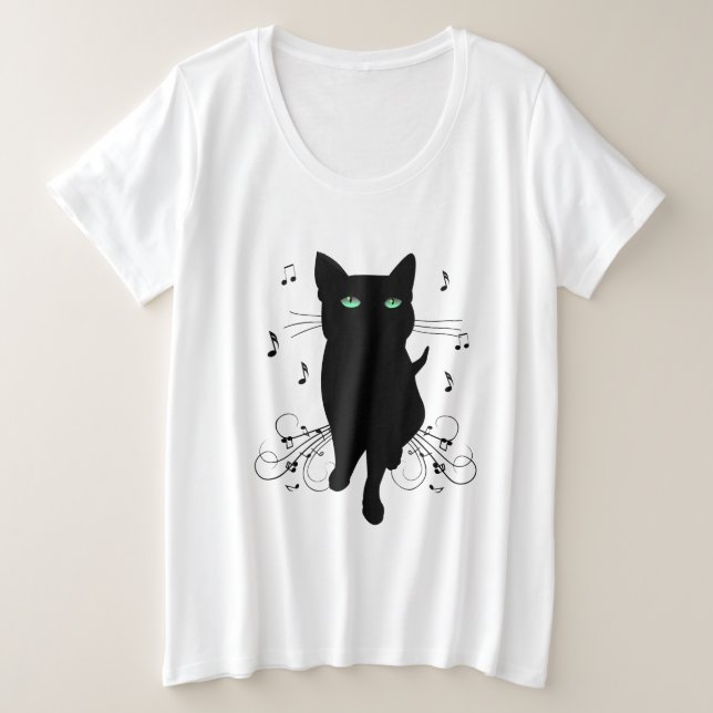 Camiseta Plus Size Black Cat Surrounded by Whispering Notes of Music (Frente do Design)