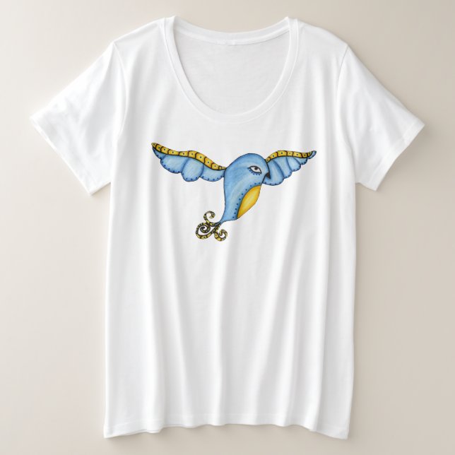 Camiseta Plus Size Bonito voando Fantasy Blue e Yellow Bird (Frente do Design)