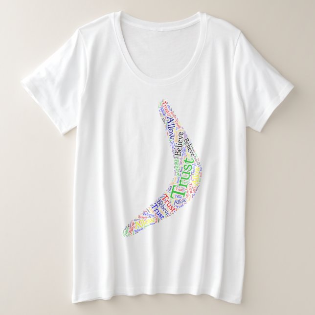 Camiseta Plus Size Boomerang Permitir, Acredite, Confiar (Frente do Design)