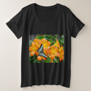 Camiseta Plus Size Borboleta azul com T-Shirt Rhododendron tropical