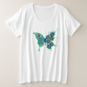 Camiseta Plus Size Borboleta com Penas de Pavão Verde