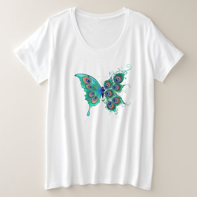 Camiseta Plus Size Borboleta com Penas de Pavão Verde (Frente do Design)