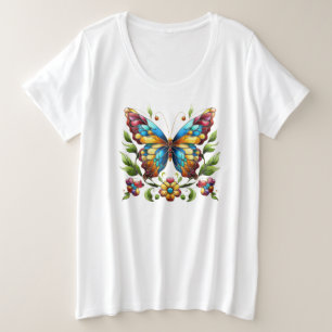 Camiseta Plus Size Borboleta de vidro colorida com flores
