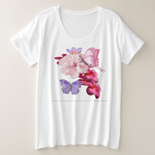 Camiseta Plus Size Borboleta Exótica Floral (Frente do Design)