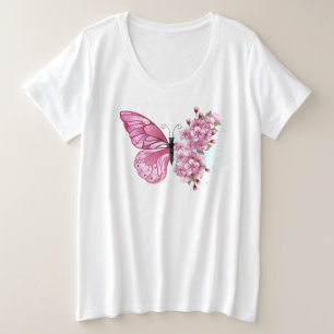 Camiseta Plus Size Borboleta Flor com Sakura Rosa