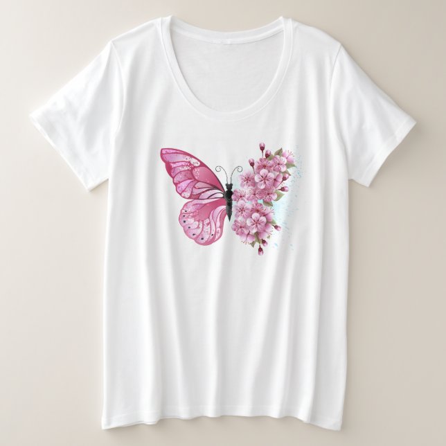 Camiseta Plus Size Borboleta Flor com Sakura Rosa (Frente do Design)