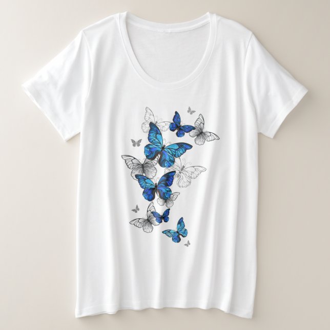 Camiseta Plus Size Borboletas Azuis Morpho (Frente do Design)