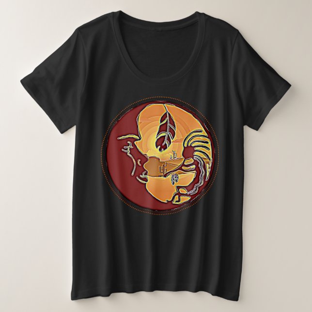Camiseta Plus Size Botão Paisagem - Lua Kokopelli Feather 1 (Frente do Design)