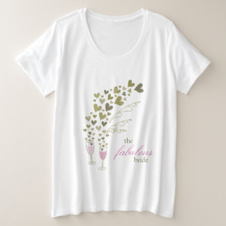 Camiseta Plus Size Brinde de Champanhe Rosa & Corações de Ouro Noiva