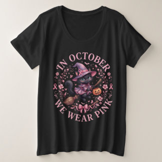 Camiseta Plus Size Bruxa Gatinha Preta Fofa Em Outubro Usamos Rosa