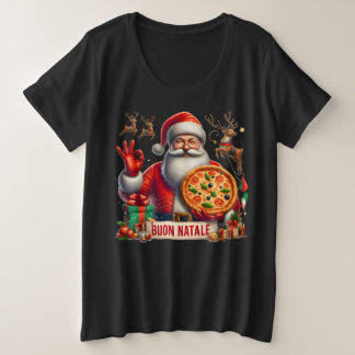 Camiseta Plus Size Buon Natale Italian Santa with Pizza & Reindeer