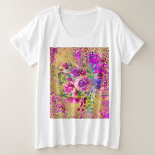 Camiseta Plus Size Buquê de flor de aquarela rosa com framboesa