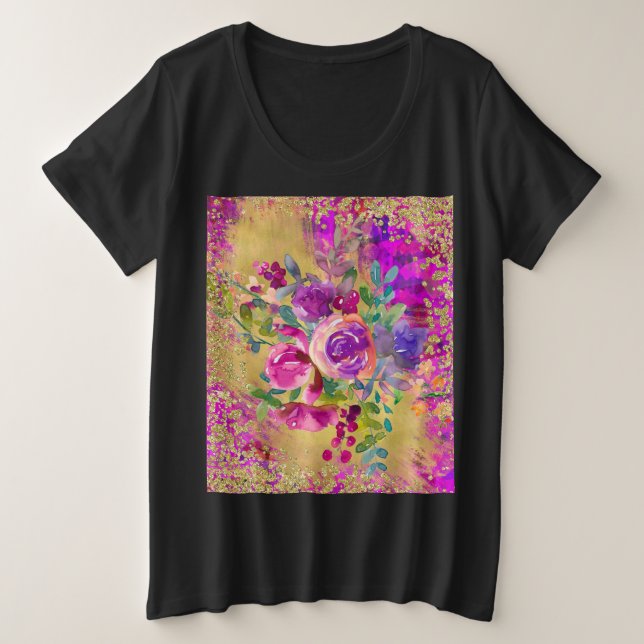 Camiseta Plus Size Buquê de flor de aquarela rosa com framboesa (Frente do Design)