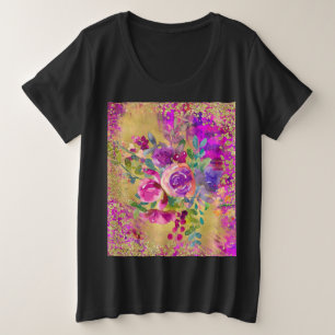 Camiseta Plus Size Buquê de flor de aquarela rosa com framboesa