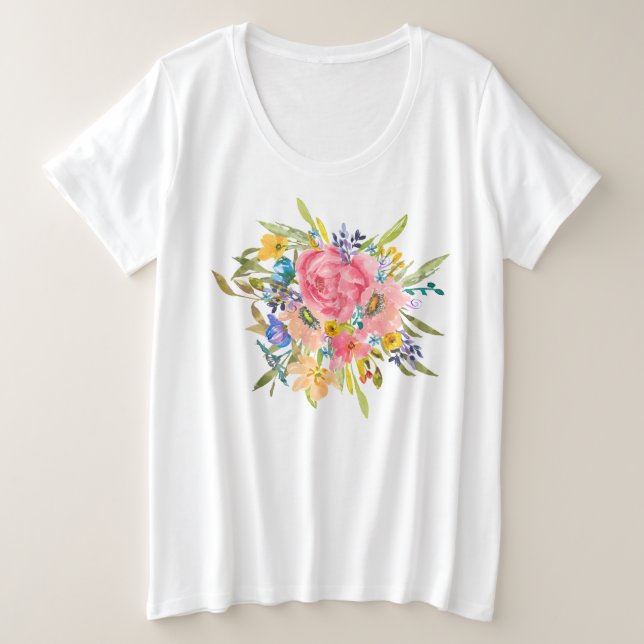 Camiseta Plus Size Buquê Floral Rosa (Frente do Design)