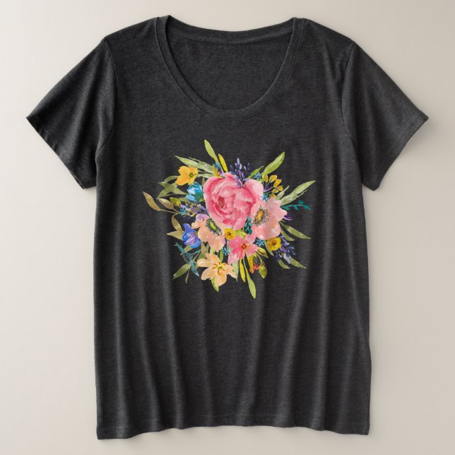 Camiseta Plus Size Buquê Floral Rosa (Frente do Design)