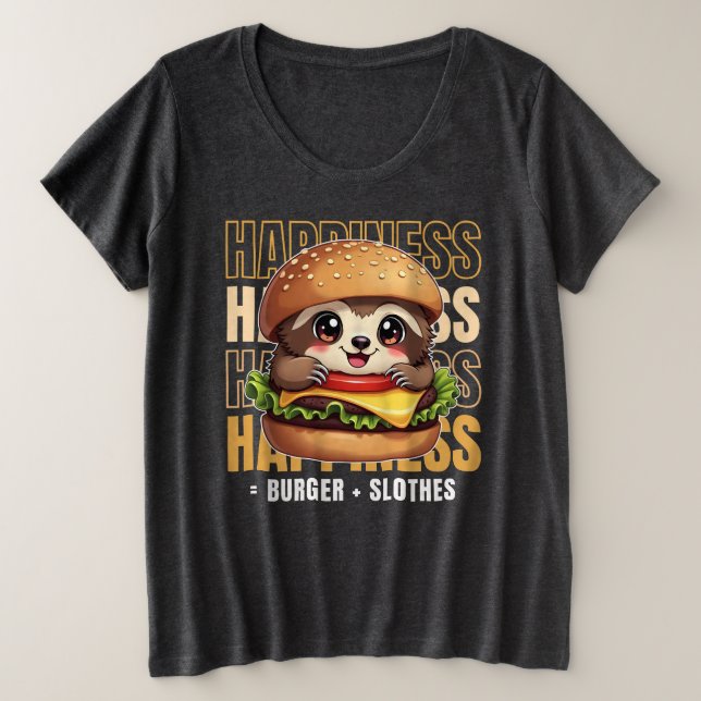 Camiseta Plus Size Burger E Slothes Me Fazem Feliz (Frente do Design)