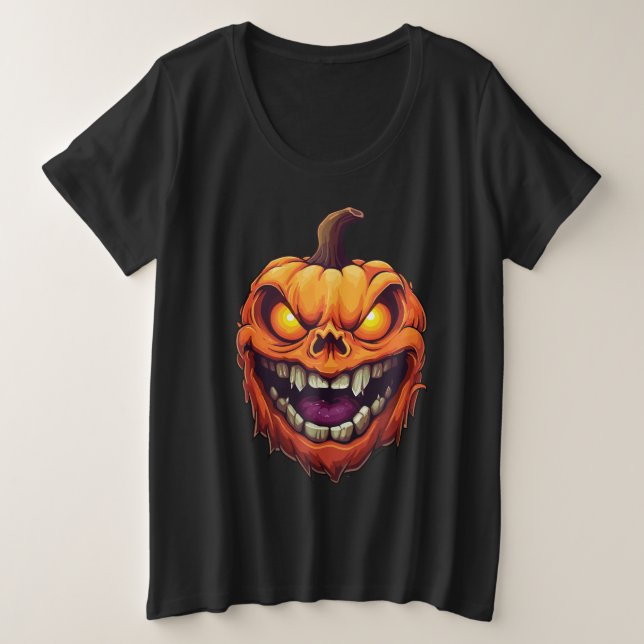 Camiseta Plus Size Cabeça de Abóbora de Grinning Sinister (Frente do Design)