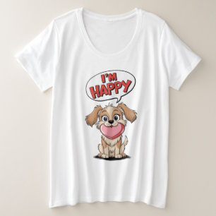 Camiseta Plus Size Cachorro Bonito com Coração Rosa e Mensagem Alegre