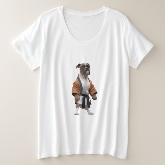 Camiseta Plus Size Cachorro-Boxeiro Jogar Karate, Cachorro-Boxão-Kara (Frente do Design)