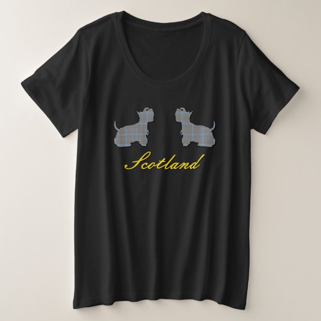 Camiseta Plus Size Cães Scottie com Tartan Escocês Gladstone (Frente do Design)