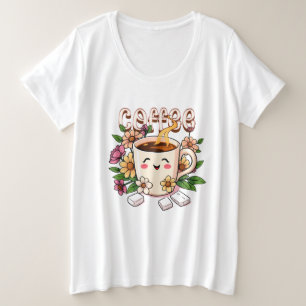 Camiseta Plus Size Café e Flores de Kawaii, Retro, Cute