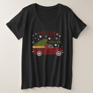 Camiseta Plus Size Caminhão Vermelho Antigo Feliz Natal Árvore Fazend