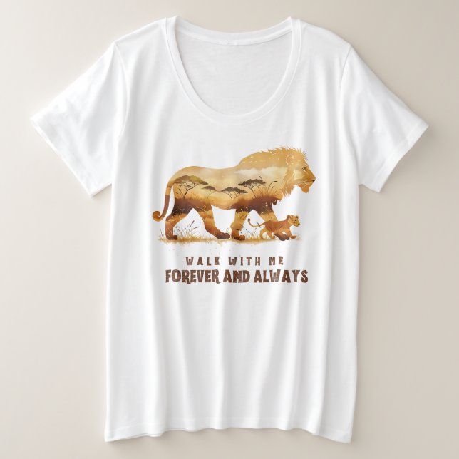 Camiseta Plus Size Caminhe Comigo - Para sempre | Design de leão (Frente do Design)