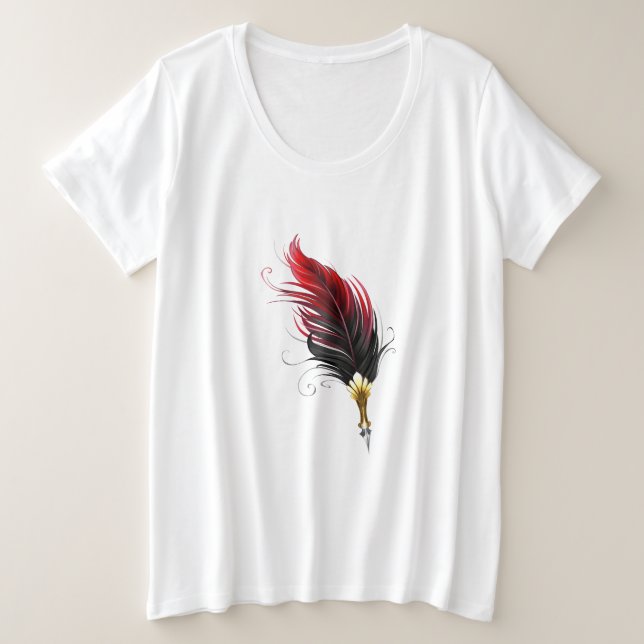 Camiseta Plus Size Caneta de penas vermelhas com ninho de ouro (Frente do Design)