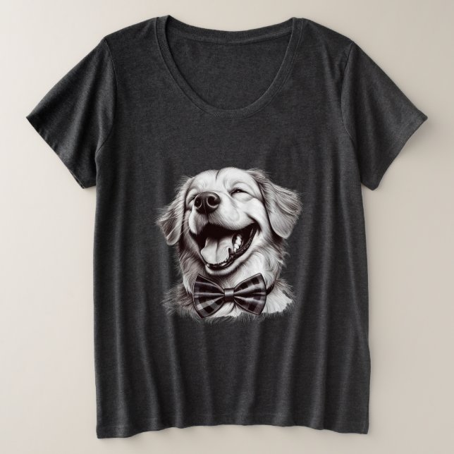 Camiseta Plus Size cão com arco de gravata rindo (Frente do Design)