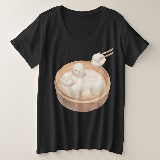 Camiseta Plus Size Cão Sorriso - Delícia de Xiao Long Bao (Frente do Design)