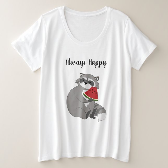 Camiseta Plus Size Caricatura Bonita Raccoon com Melancia (Frente do Design)