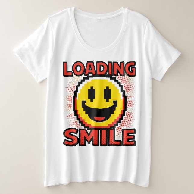 Camiseta Plus Size Carregando Smile – Rosto Sorridente Retro Pixel Ar (Frente do Design)