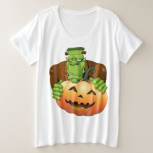 Camiseta Plus Size Cartoon Frankenstein Monster com Pumpkin