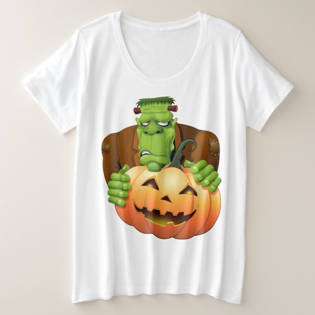 Camiseta Plus Size Cartoon Frankenstein Monster com Pumpkin (Frente do Design)