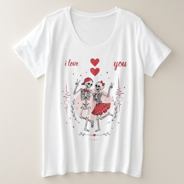 Camiseta Plus Size Casal de Esqueletos Engraçados Apaixonados (Frente do Design)