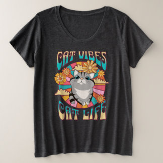 Camiseta Plus Size Cat Vibes Cat Life