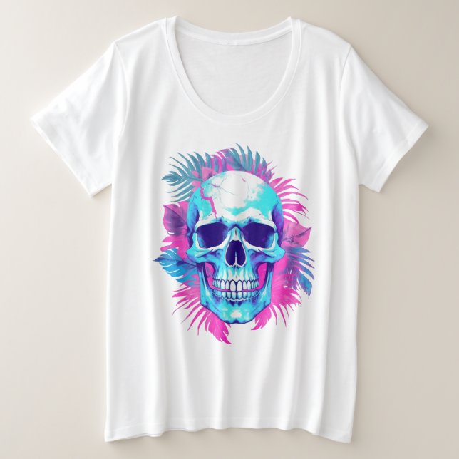 Camiseta Plus Size Caveira Floral em Estilo Vaporwave (Frente do Design)