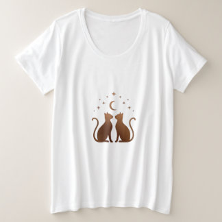 Camiseta Plus Size Celestial Cats Crescent Moon White T-Shirt