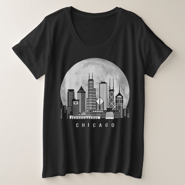 Camiseta Plus Size Chicago Illinois Skyline Full Moon (Frente do Design)