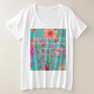 Camiseta Plus Size Citação Inspirativa Azul Colorida Florais